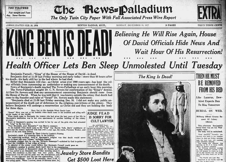front page of newspaper stating King Ben is dead in large letters