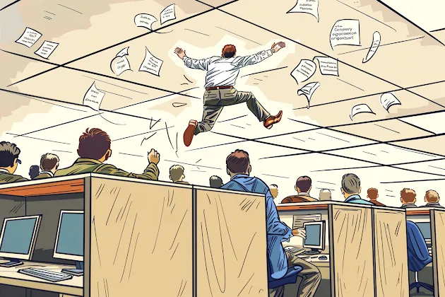 Comic drawing of a manager jumping over a room full of people sitting at desks with papers flying everywhere.