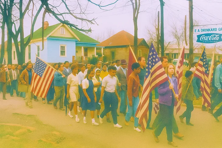Colorized image of the 1965 Selma to Montgomery march showing a diverse group of civil rights demonstrators walking through a residential neighborhood. The group includes men and women of different races and ages, many holding American flags, beneath bare trees and overcast skies. A Coca-Cola sign hangs in the background.
