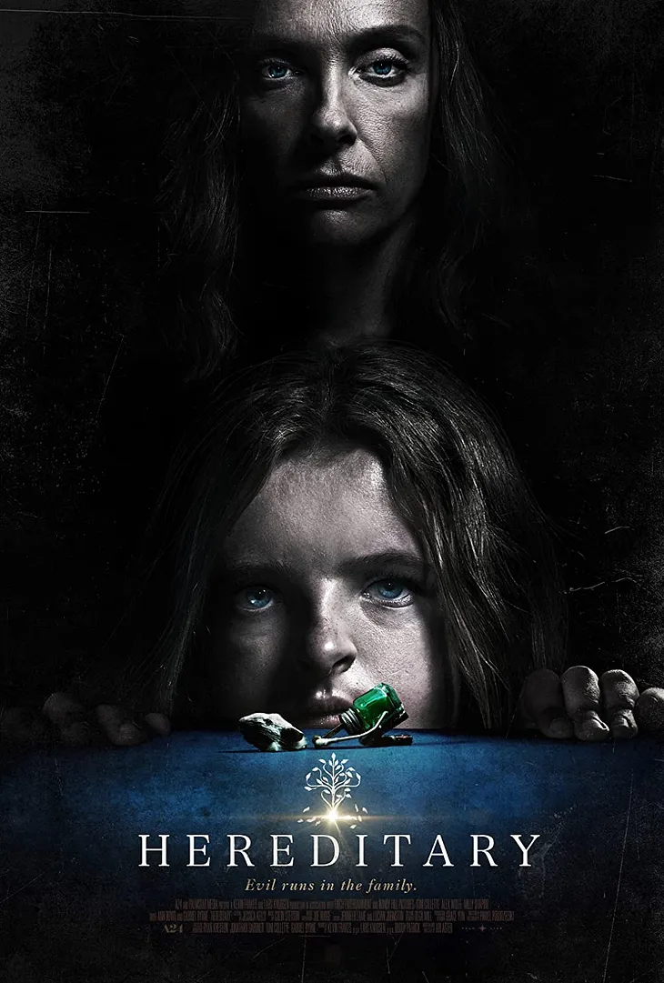 A poster of the 2018 movie Hereditary. Toni Collette and Milly Shapiro standing staring at the camera against a black backdrop.