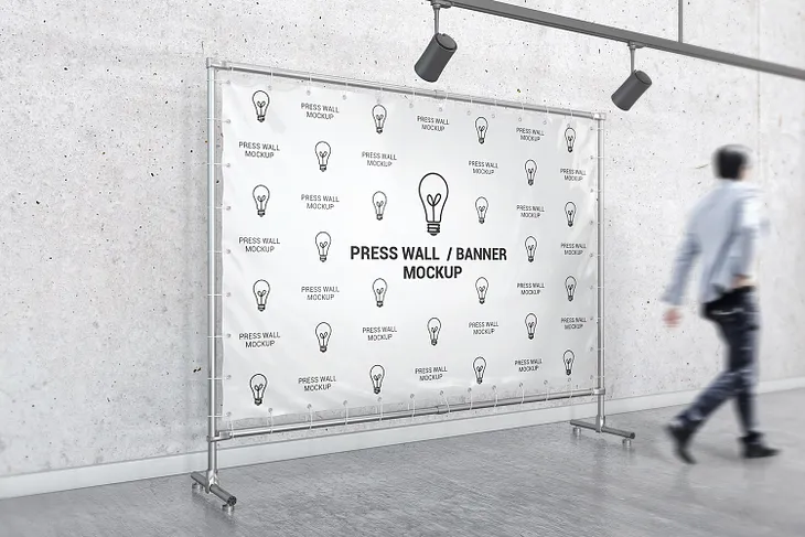 Free Download Cool Press Wall Banner W/ Metallic Frame Mockup Ideas Psd Template.