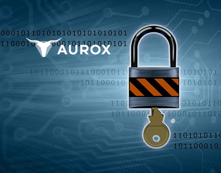 A graphic depicting a padlock with code in the background 1011011100 and the aurox logo which is an Aurox(bull) with the word Aurox in white, the padlock has hazard tape accross it and the background is aqua green with white glow around the padlock and faintly visible curcit board connections criss crossing accross the whole image