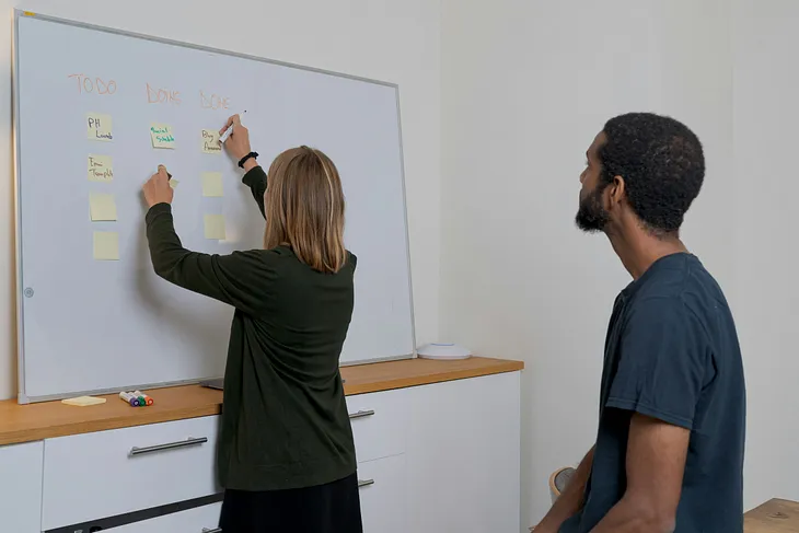 two entrepreneurs are discussing about marketing strategy