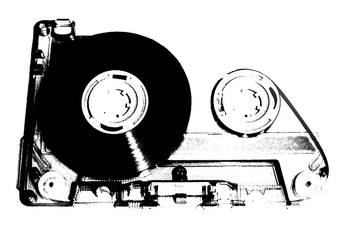 black and white drawing of the inside of a cassette tape