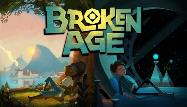 Broken Age cover art. A girl sleeps in a bright, fantasy setting. A boy sleeps in a dark, sci-fi setting. Both halves of the image vaguely mirror each other.