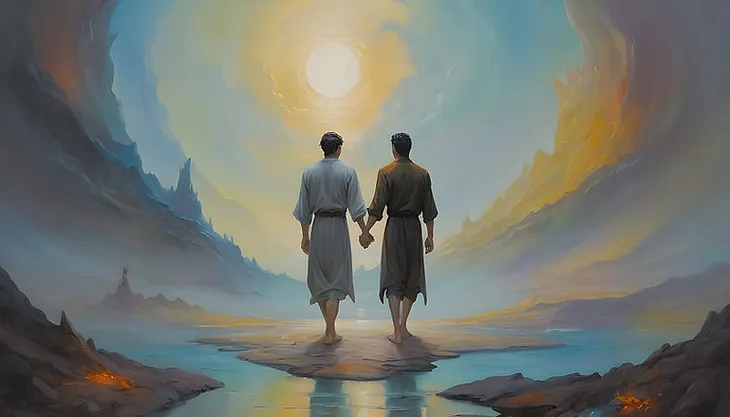 Two men face away, holding hands and walking toward the sun in a surreal fantasy painting.