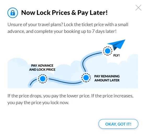 Lock Price and Pay later (Make My Trip)
