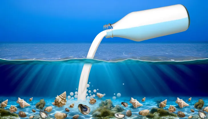 ChatGPT & DALL-E generated panoramic image of a giant bottle of milk of magnesia being poured into the ocean, with oysters and clams on the floor of the ocean.