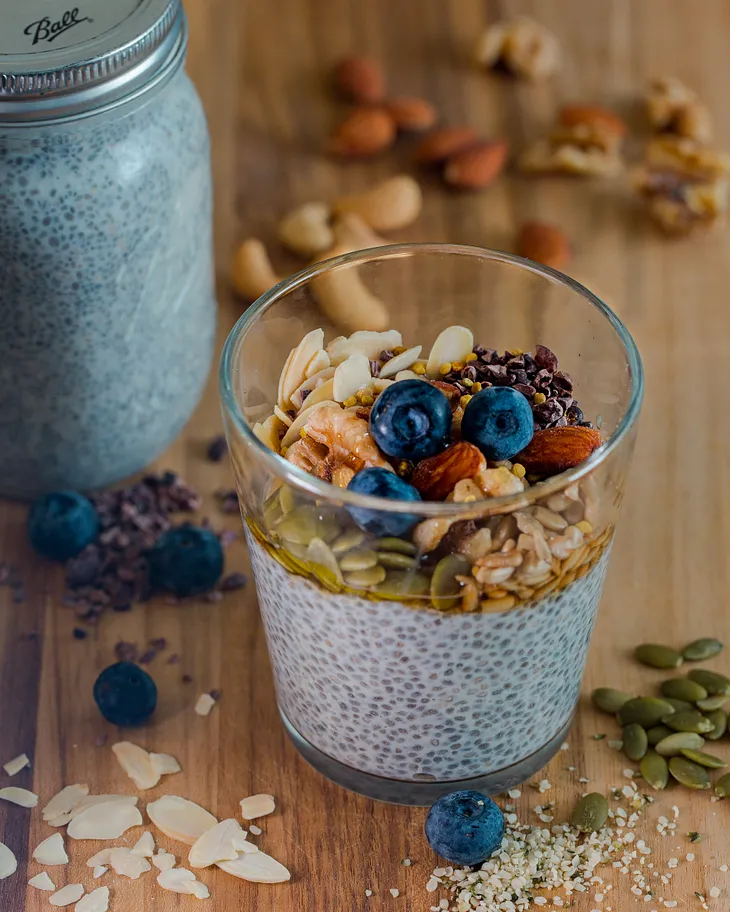 chia seed pudding with blueberries and oats