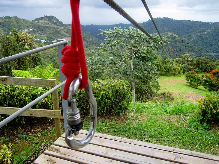 a lock d-ring hanging from the beast zipline