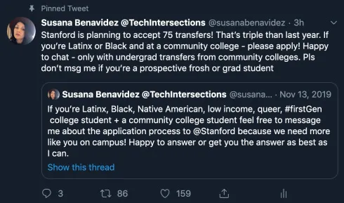 Tweet announcing that Stanford plans to accept 75 transfer students this year.