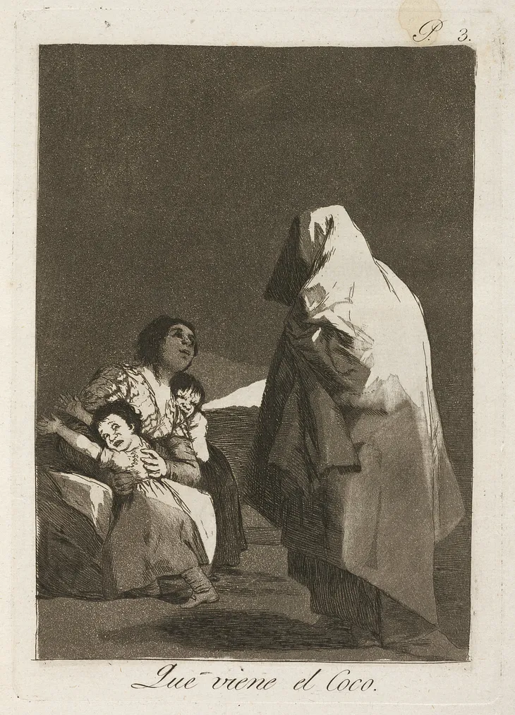 Black and white art depicting a scared woman with her terrified children as they face a hooded figure that is approaching them.