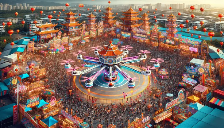 ChatGPT & DALL-E generated panoramic image of a lively Chinese carnival with a tethered octacopter ride