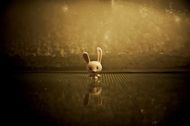 A bunny toy on a splash of water with its reflection, in a yellowish brown mood.