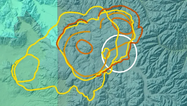 Topographic Yellowstone with calderas denoted by colored lines