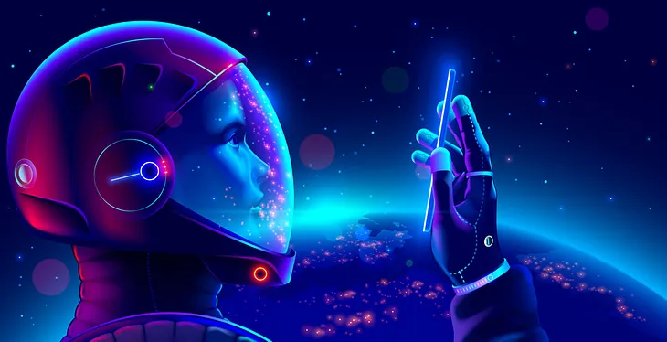 Illustration of Astronaut looking at mobile device in space.