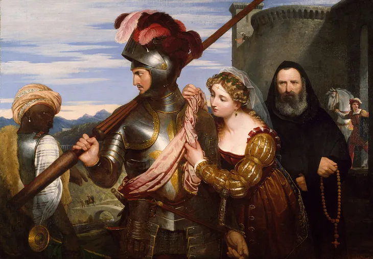 A woman clings to a knight