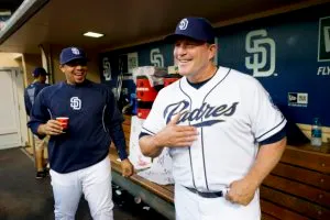 SAN DIEGO, CA, SEPTEMBER 6: Pat Murphy, Manager of the Tucson Padres visits with Rene Rivera #44 of the San Diego Padres prior to the game against the Colorado Rockies at Petco Park on September 6, 2013 in San Diego, California. (Photo by Andy Hayt/San Diego Padres/Getty Images)