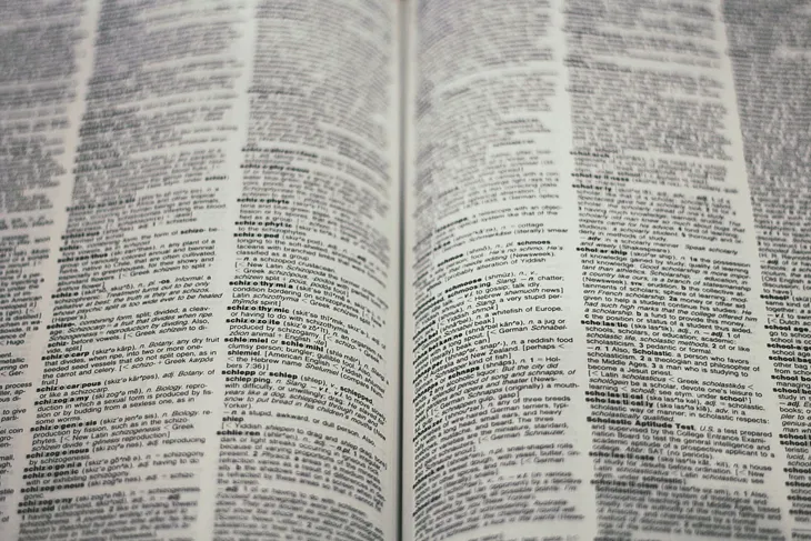 An image of a dictionary opened in the middle, revealing thousands of words on the pages.