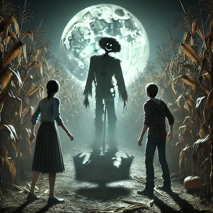 In a moonlit cornfield, Nora and Jack stand before a tall scarecrow casting long, ominous shadows. The scarecrow’s tattered burlap face appears to grin eerily, and Nora looks on with a mix of curiosity and fear as the shadows around them fade, seemingly pulled toward the scarecrow.