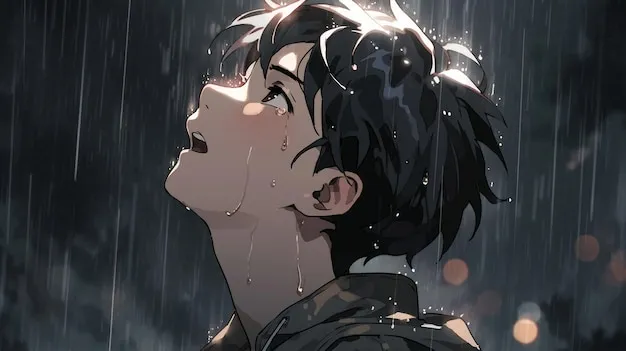 A guy looking at the sky while it is raining