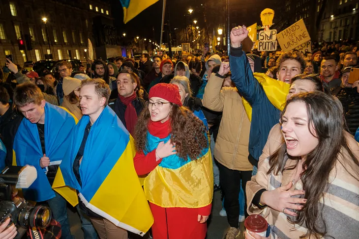 Activists in the streets supporting Ukraine against Russia invasion