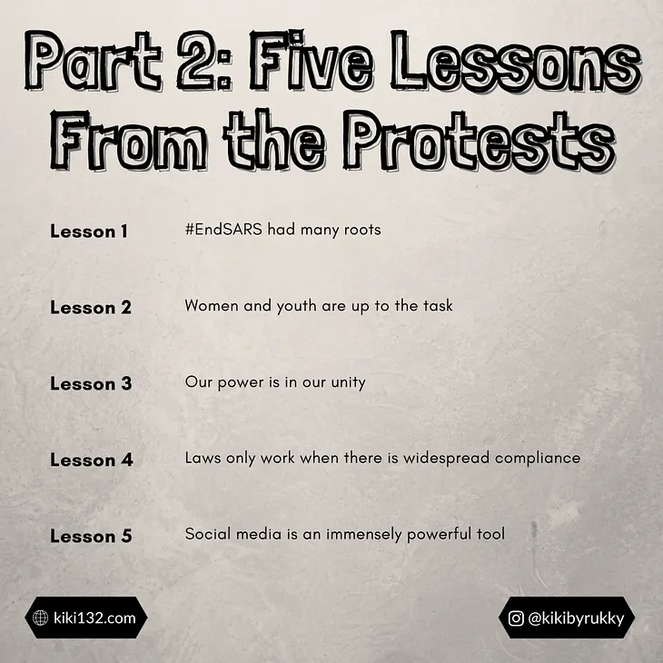 Infographic showing five lessons to be learned from the End SARS protests in Nigeria