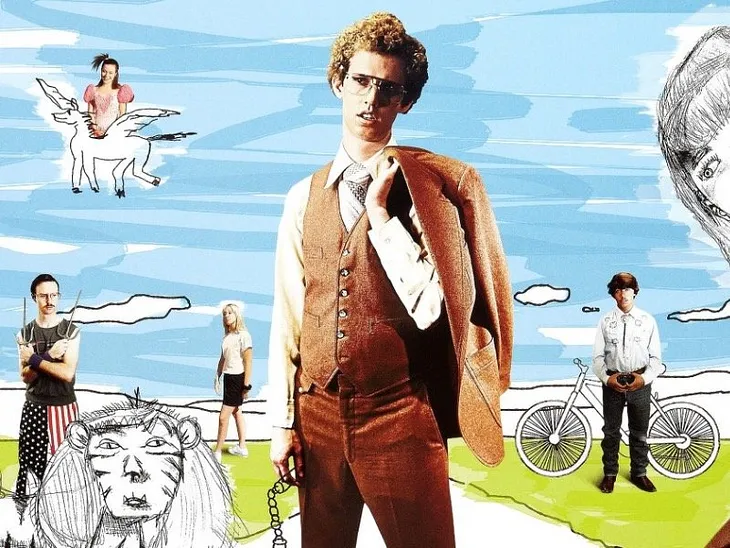 Napoleon Dynamite: a socially awkward teen with unique style, glasses, and unkempt hair, in a rural backdrop