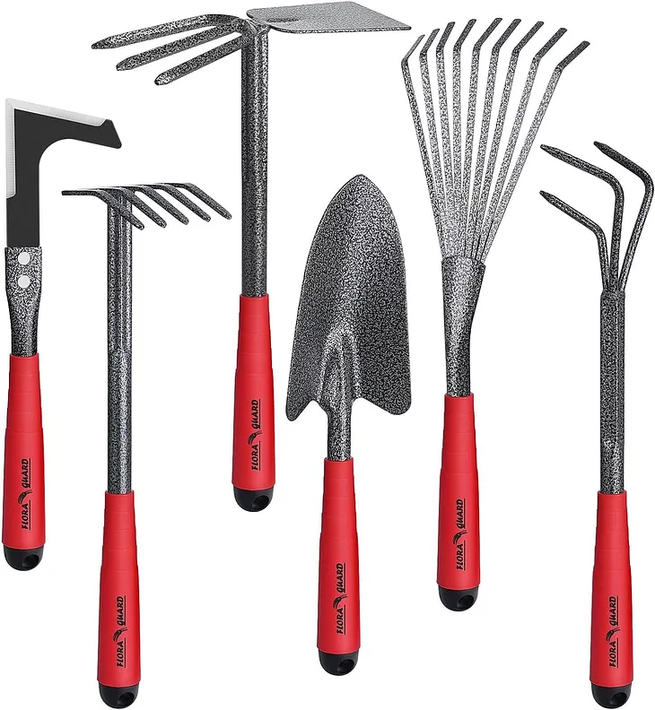 FLORA GUARD Garden Tools Set， 6 Pieces Heavy Duty, Large Size Gardening Hand Tools, Sturdy  Durable, Classic Utility Tools for Planting and Maintaining Gardens, Vegetable and Medicinal Gardens