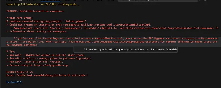 Namespace not specified. Specify a namespace in the module’s build file- (better_player, Flutter).