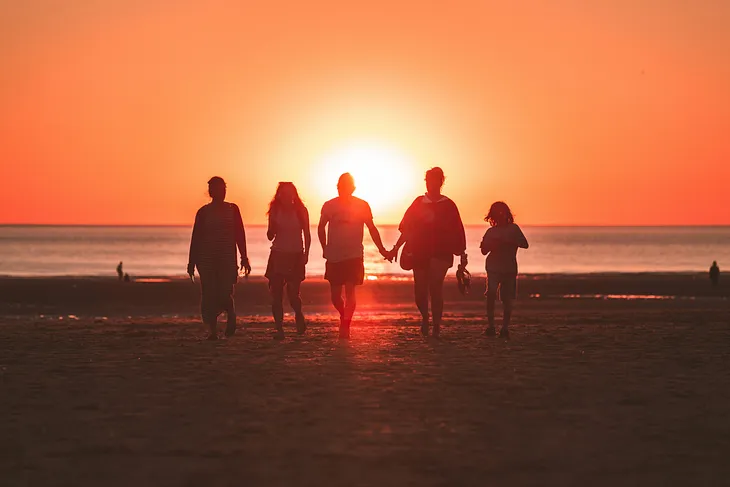 a group of people walk towards a sunset on a beach