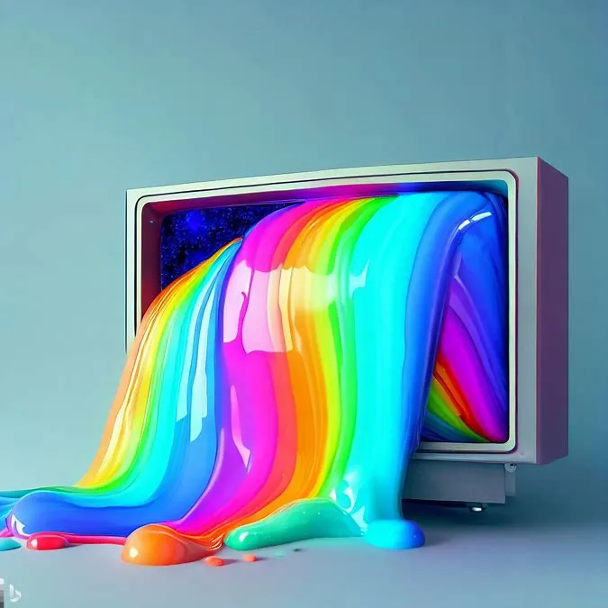 A television set with rainbow sludge pouring out of it.