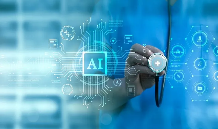 An image that reads: ‘AI’ with icons and a medical professional holding a stethescope