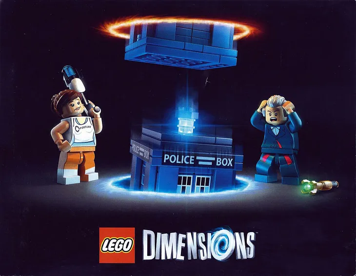 An image of two Lego Minifigures, the Doctor from Doctor Who and Chell from the Portal series. The Doctor is looking in shock at his TARDIS, which is falling through an infinite loop of portals.