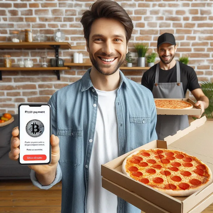 A photo about a young guy who bought 2 pizzas with 10K bit coins