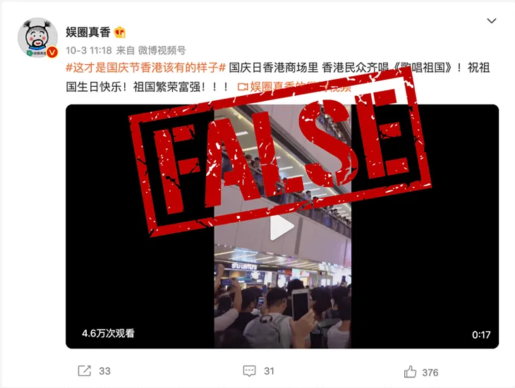False: This video does not show Hong Kongers singing a patriotic song in a mall on National Day