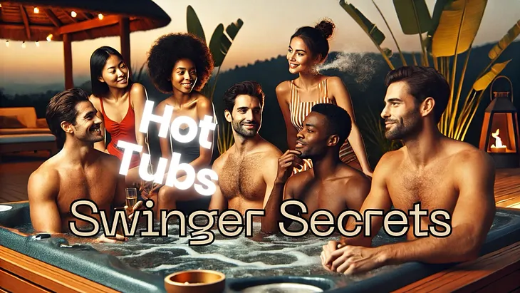 Group of stylish adults relaxing in a luxurious hot tub at sunset, enjoying drinks and lively conversation, with text overlay reading ‘Hot Tubs Swinger Secrets,’ set against a warm, inviting backdrop of lanterns and lush greenery.