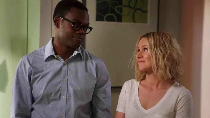 Still from the show The Good Place featuring Chidi and Eleanor.