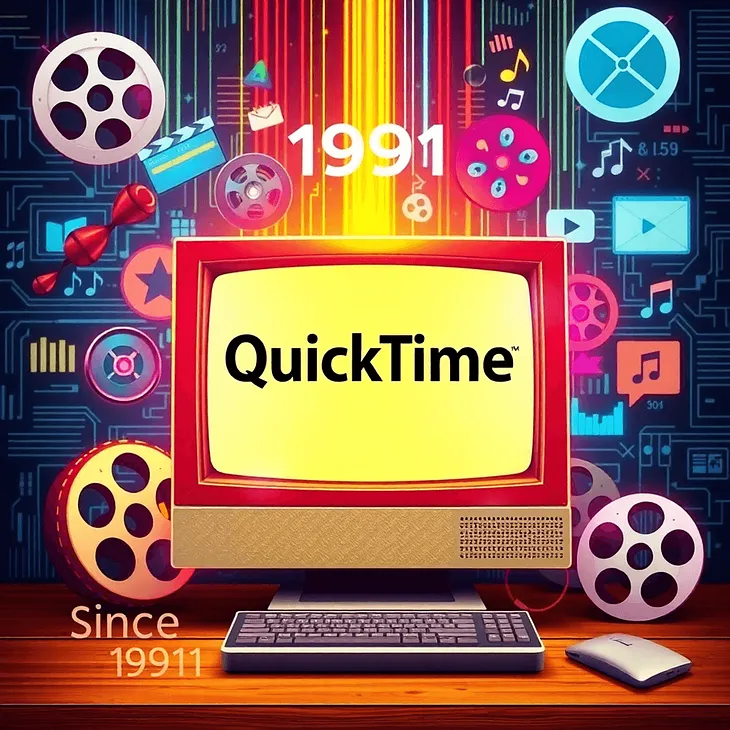 A vintage computer screen displays the QuickTime logo, surrounded by film reels, audio waves, and digital icons, set against a tech-inspired background.