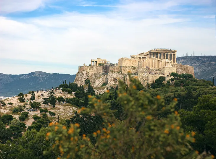 A view of the Areopagus hill and an ancient Greek temple.