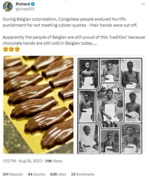 Do Belgians make chocolate hands to celebrate mutilation of Congolese slaves during colonial rule?