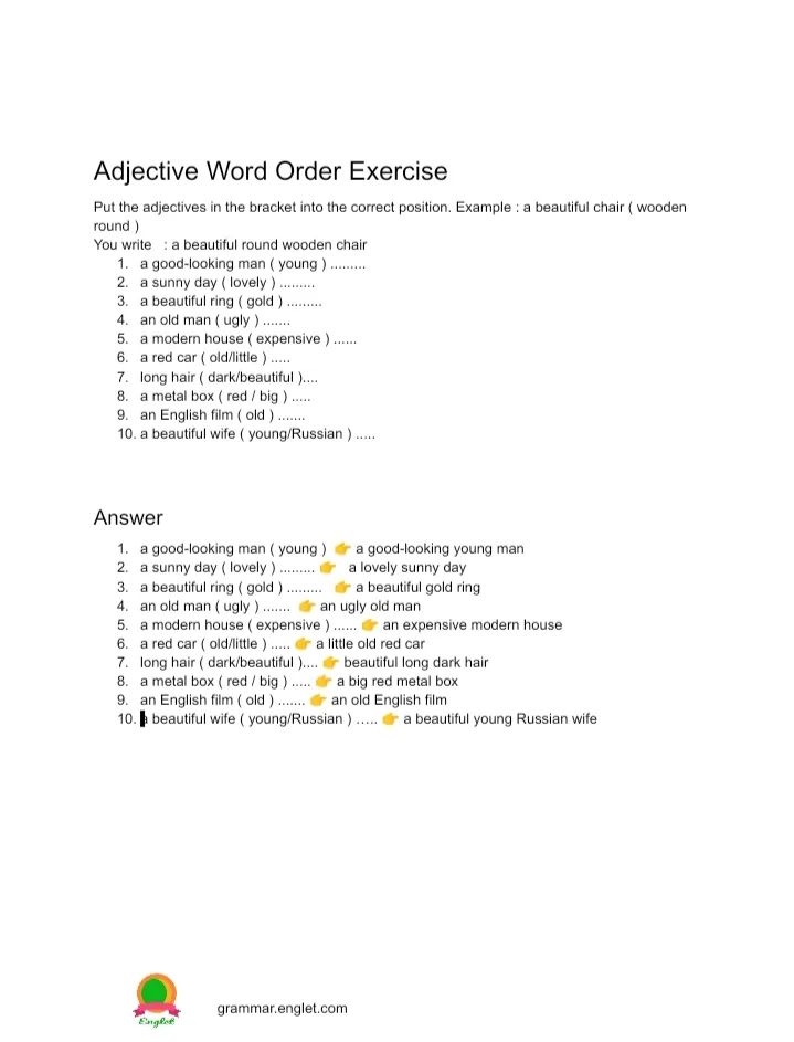 Two Steps to Understand the Order of Adjectives: Exercises with Answers