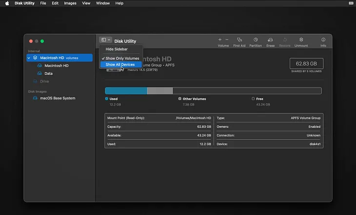 Show all devices in Disk Utility