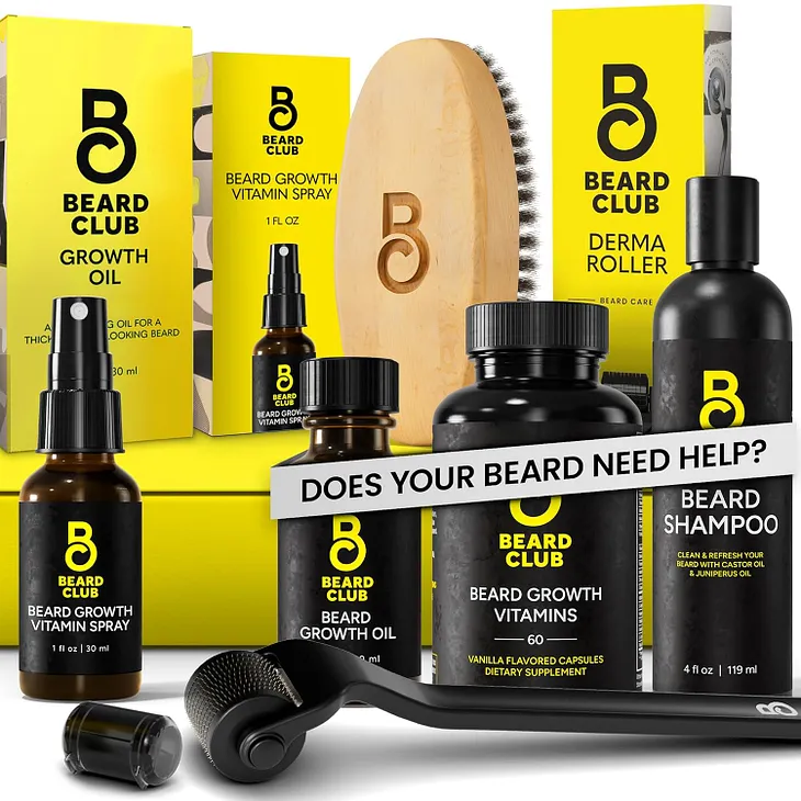 Beard Club Advanced Beard Growth Kit - Derma Roller, Beard Growth Oil, Beard Growth Vitamins and Beard Growth Vitamin Spray, Beard Shampoo and Beard Brush - Gift Set - Cedar