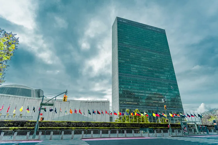 The UN Building from the East River.