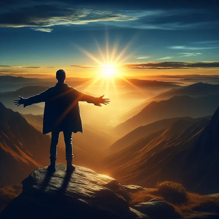 a person standing on top of a mountain, following an arduous journey, taking in the rising sun.