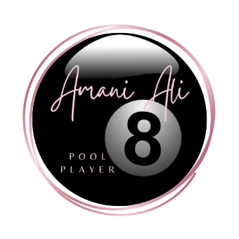 logo: Amani Ali’s typescript signature. It also reads “pool player” on a 8 ball