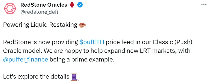 Powering Liquid Restaking RedStone is now providing $pufETH price feed in our Classic (Push) Oracle model. We are happy to help expand new LRT markets, with @puffer_finance being a prime example.