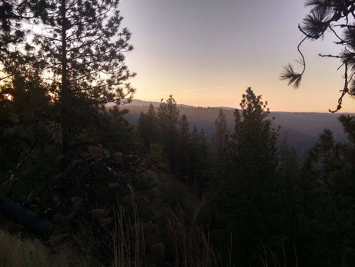 A scene of sunrise over trees with hills in distance