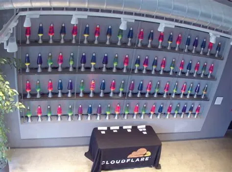 A CCTV camera’s view of the wall of lava lamps at Cloudflare.